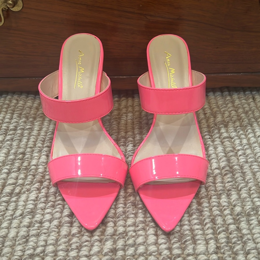 Pink patent Anne Michelle heels. Size 8. Worn only once around house.